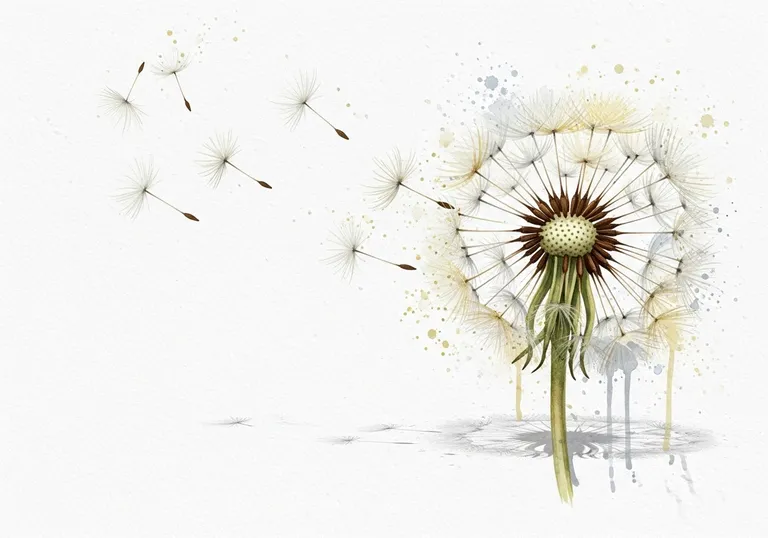 Digital watercolor illustration of dandelion seeds spreading in the wind, representing the creation of viral content.
