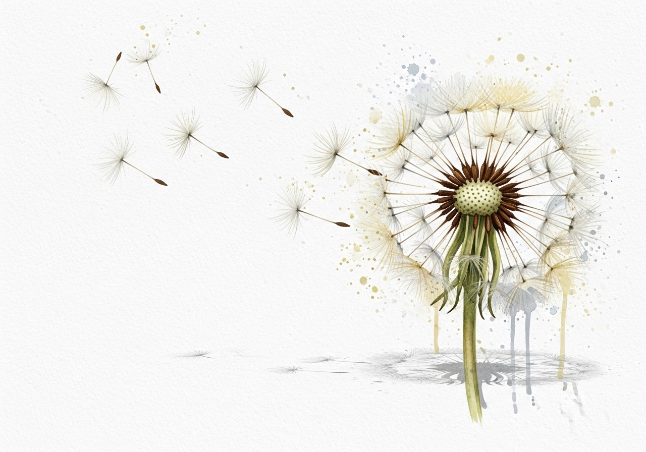 Digital watercolor illustration of dandelion seeds spreading in the wind, representing the creation of viral content.