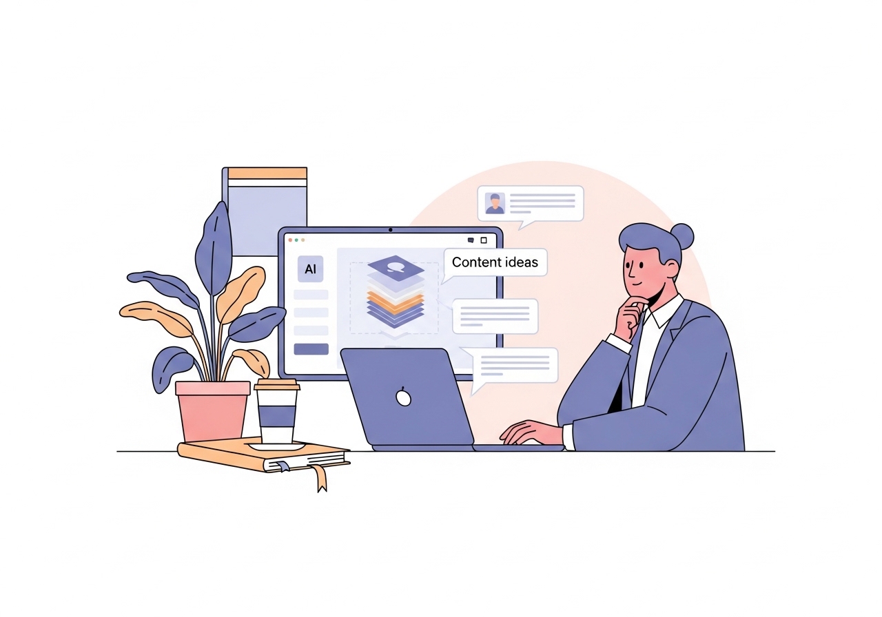 A professional using an AI copywriting tool on a laptop to create blog content in a modern office.