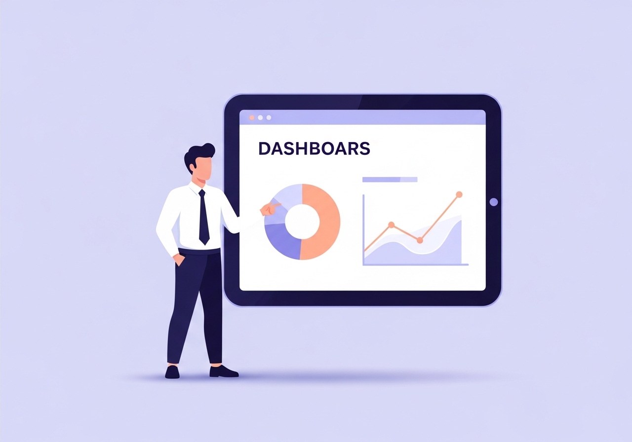 A vector illustration of a person presenting market research findings on a dashboard with charts and graphs.