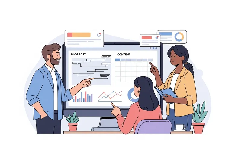 An illustration of a team reviewing blog examples on a large screen to plan their content strategy.