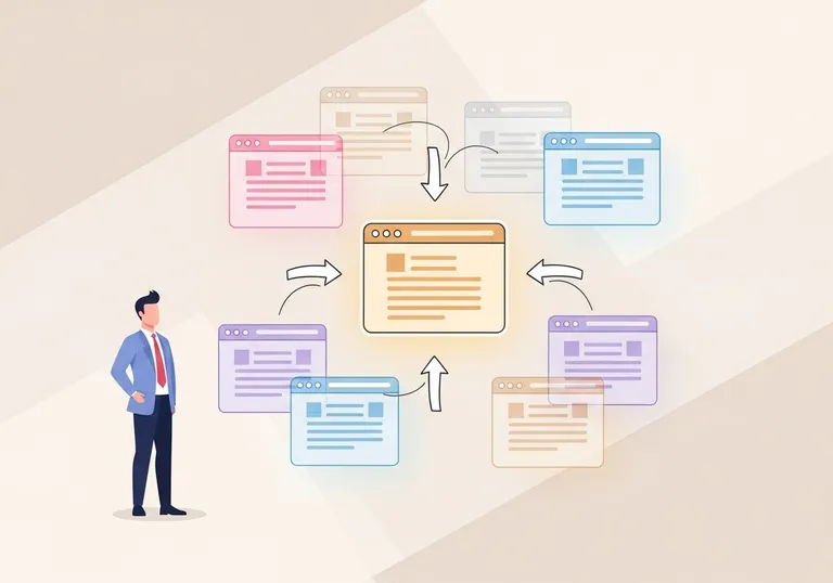 Illustration of a marketer reviewing a diagram that shows how canonical URLs for SEO consolidate multiple pages into one primary source.