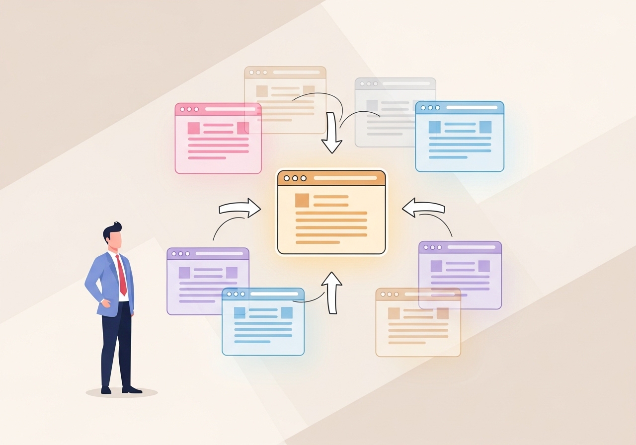 Illustration of a marketer reviewing a diagram that shows how canonical URLs for SEO consolidate multiple pages into one primary source.