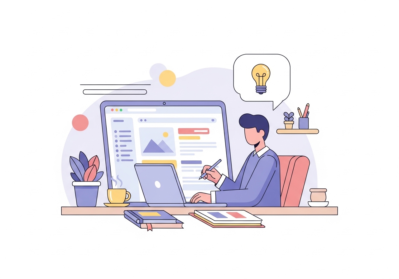 An illustration of a content marketer creating a blog post as part of a business promotion strategy.