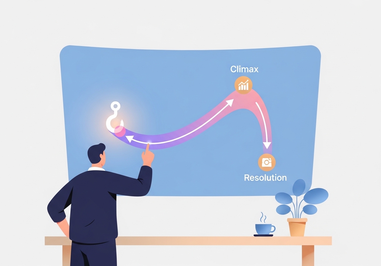 Illustration of a storyteller crafting a compelling narrative with a strong hook for viral content marketing.