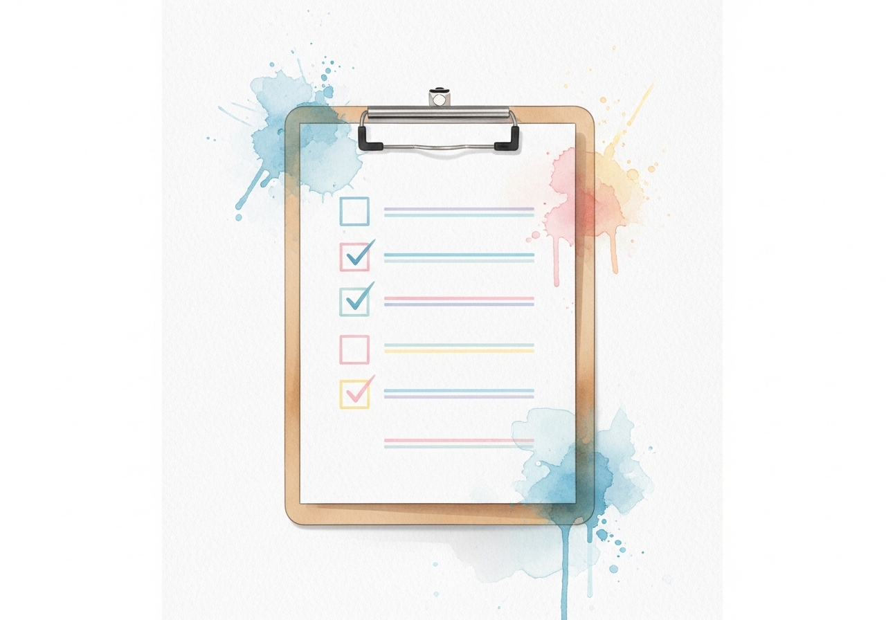 A watercolor of a checklist on a clipboard, symbolizing the definition of SEO goals before choosing a tool.