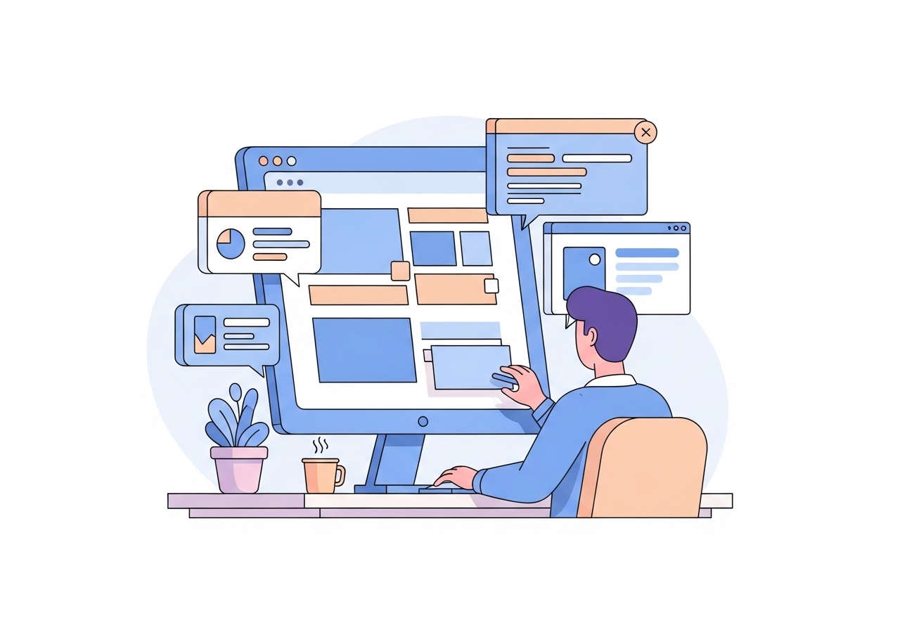 A vector illustration of a person editing a WordPress footer on a large computer monitor.