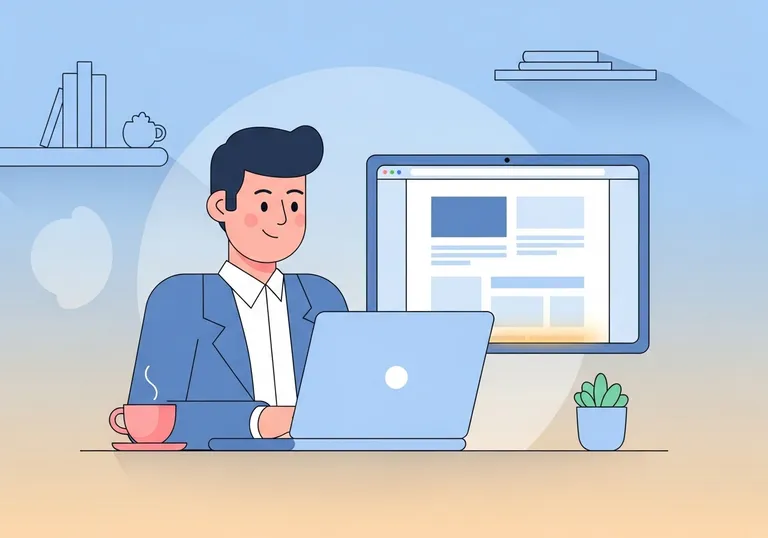A digital illustration of a person editing the footer section of a WordPress website on a laptop.