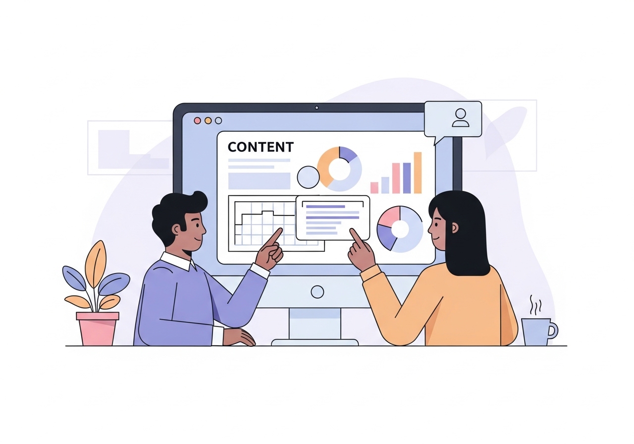 A step-by-step guide to creating effective SEO content, showing a team planning on a computer.