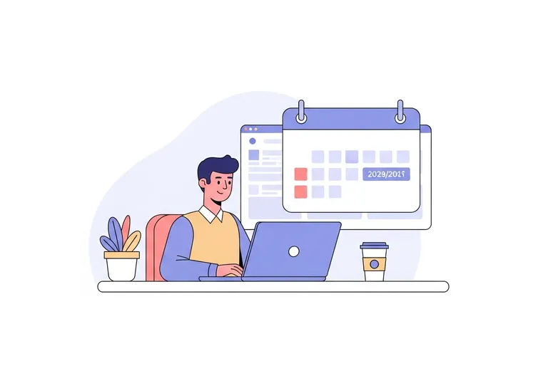 A digital illustration of a person at a desk looking up how to find the date a website was published.