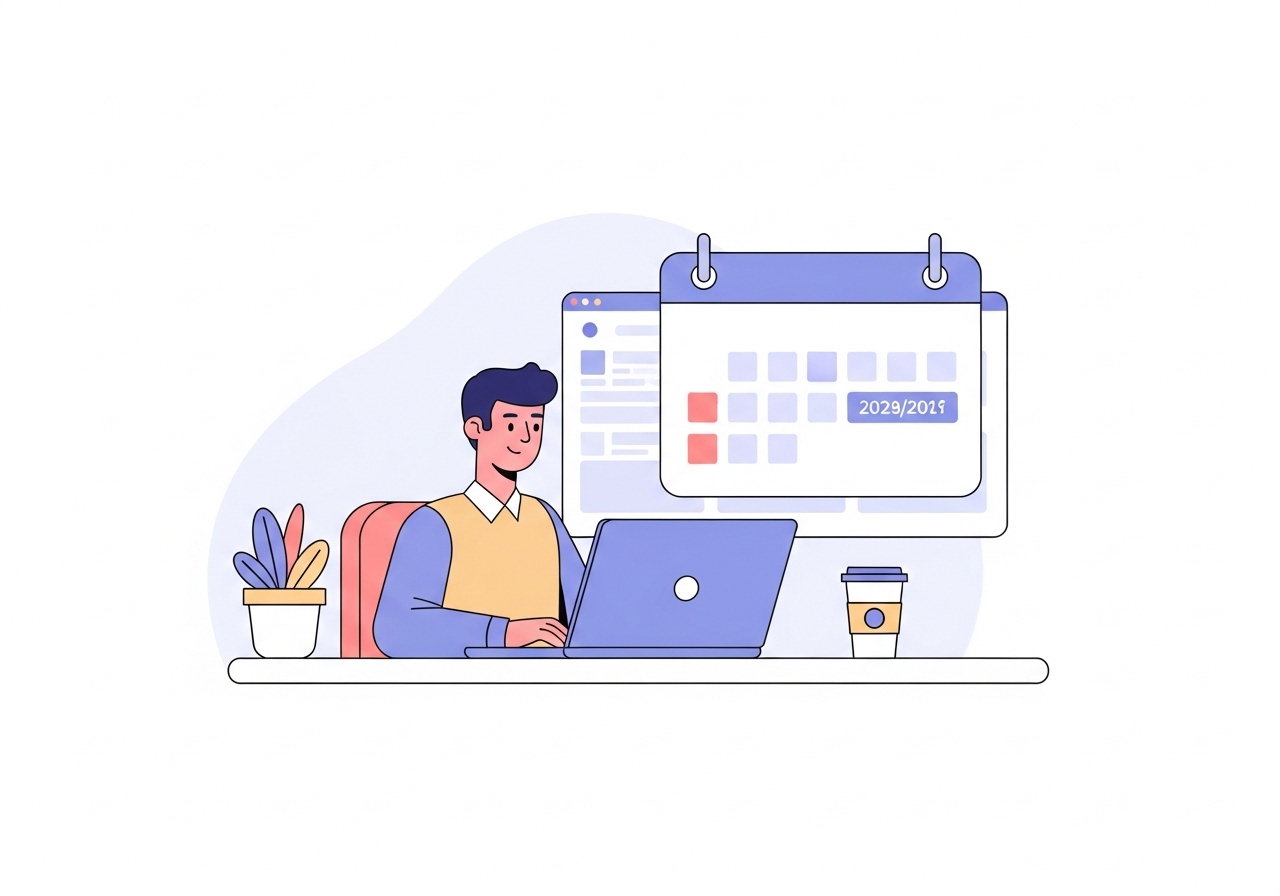 A digital illustration of a person at a desk looking up how to find the date a website was published.
