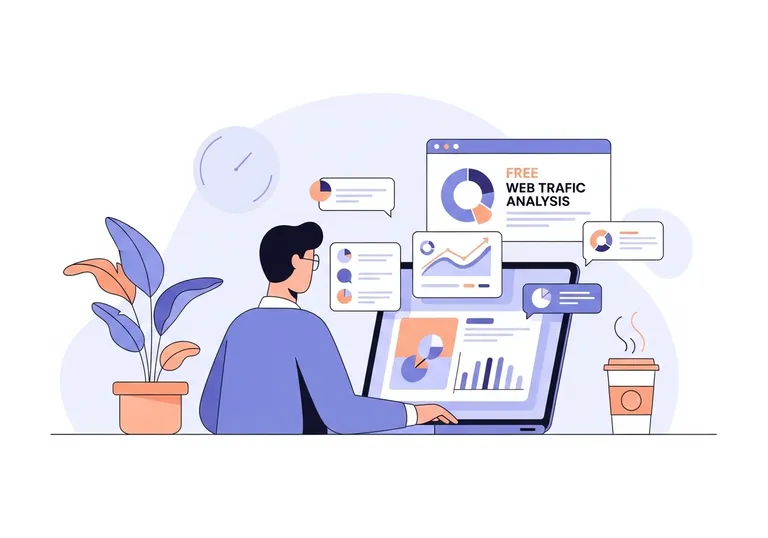 A digital illustration of a marketing professional conducting a free web traffic analysis on a laptop.