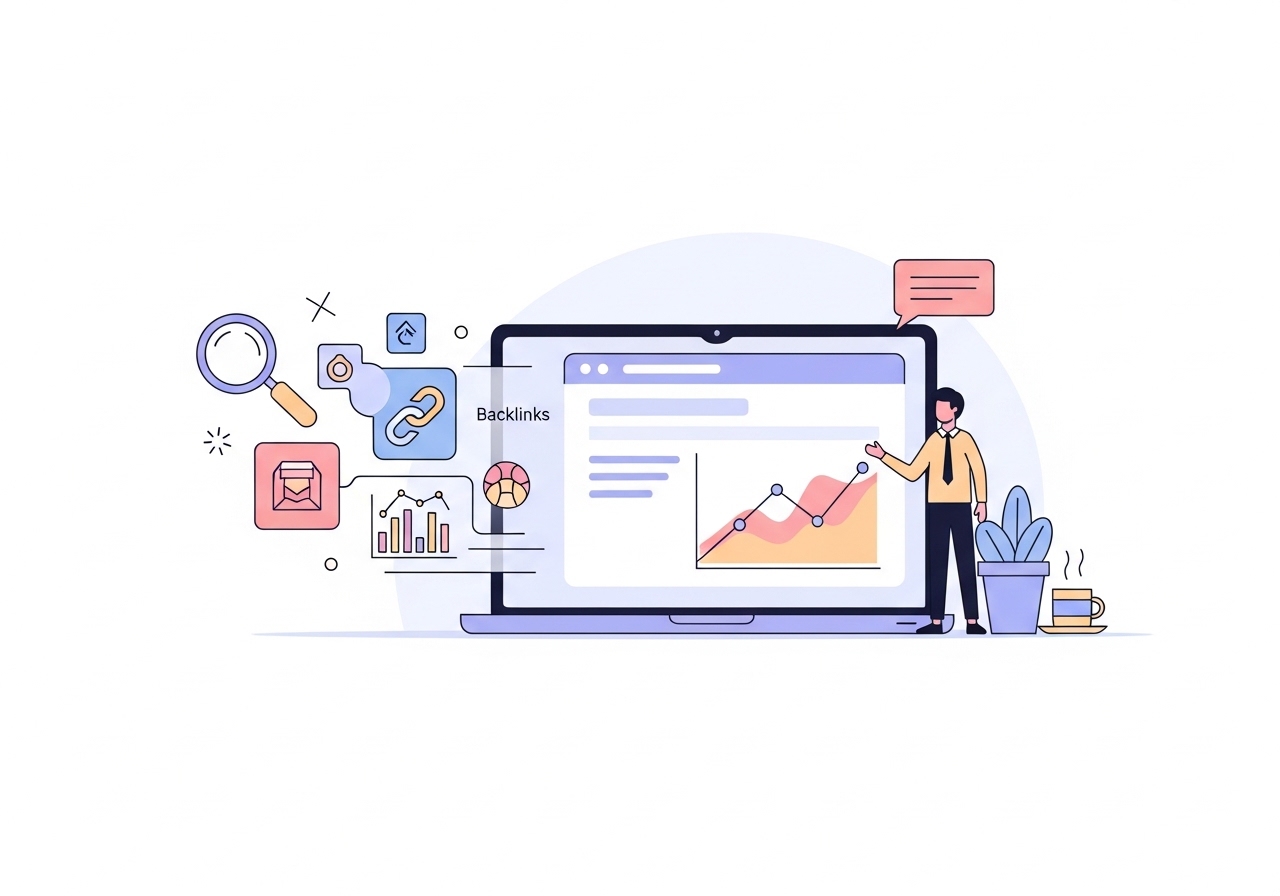 Illustration of key SEO data points like keyword rankings and organic traffic being collected for a report.