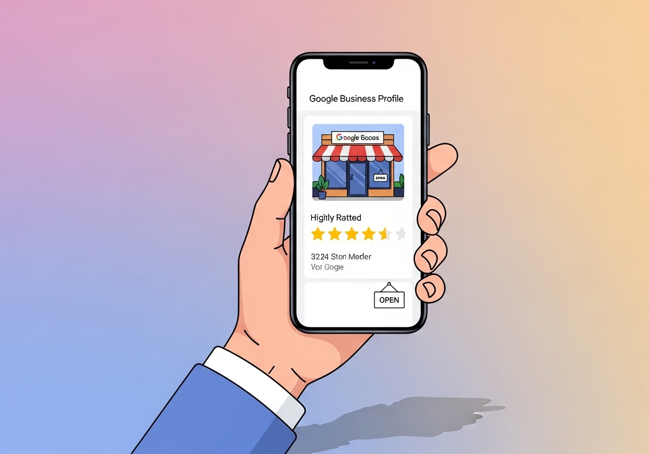 An optimized Google Business Profile for a local business shown on a smartphone.