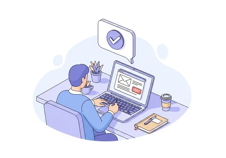 Illustration of a professional sending a successful guest post pitch email from a laptop in a modern office.