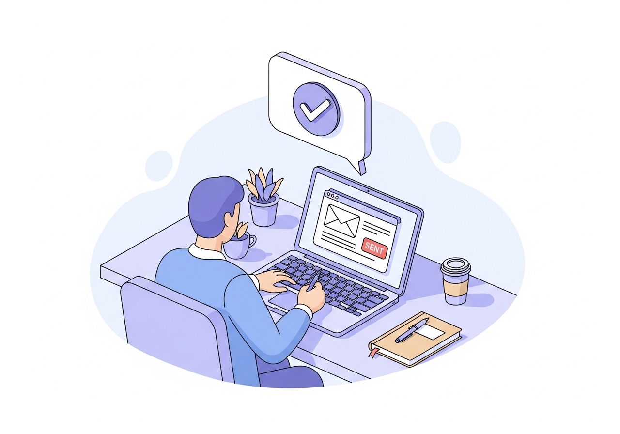 Illustration of a professional sending a successful guest post pitch email from a laptop in a modern office.