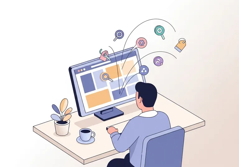 An illustration of a marketer planning how to add keywords to a website for SEO.
