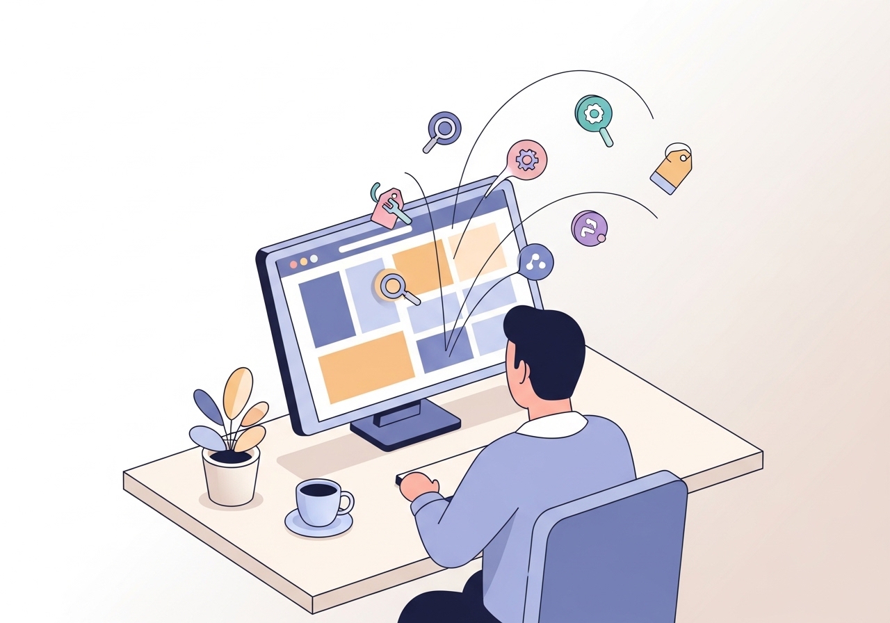 An illustration of a marketer planning how to add keywords to a website for SEO.
