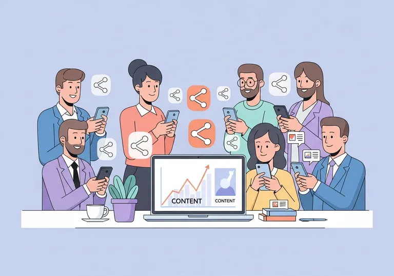Illustration of a team creating viral content on a laptop, with charts showing rapid growth and sharing among users.