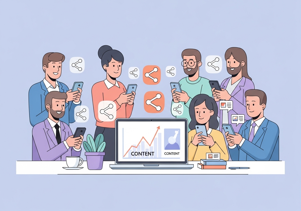 Illustration of a team creating viral content on a laptop, with charts showing rapid growth and sharing among users.