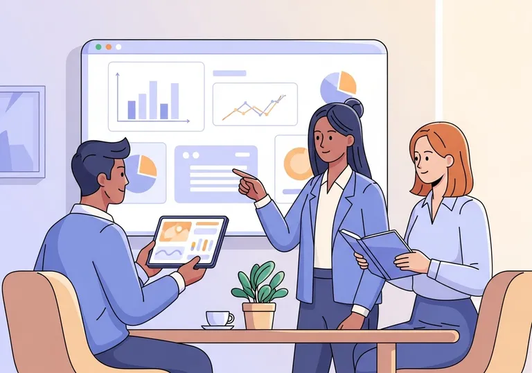 A vector illustration showing a team analyzing data charts on a large screen as part of their market research process.