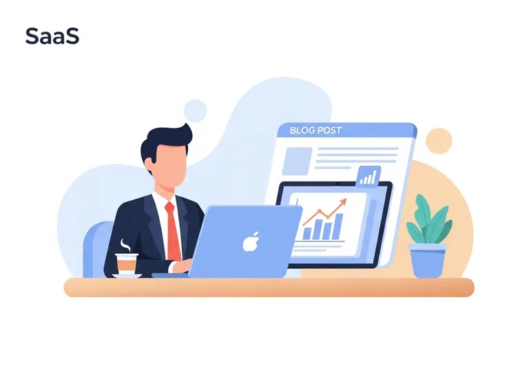 Illustration of a person at a desk working on a laptop, learning how to promote your blog for traffic growth.