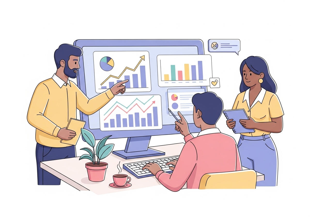 A digital illustration showing a team collaborating on a strategy for how to promote your business effectively.