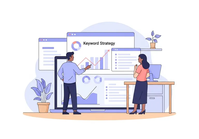 A step-by-step guide explaining how to use keywords for SEO, with an illustration of marketers analyzing data.
