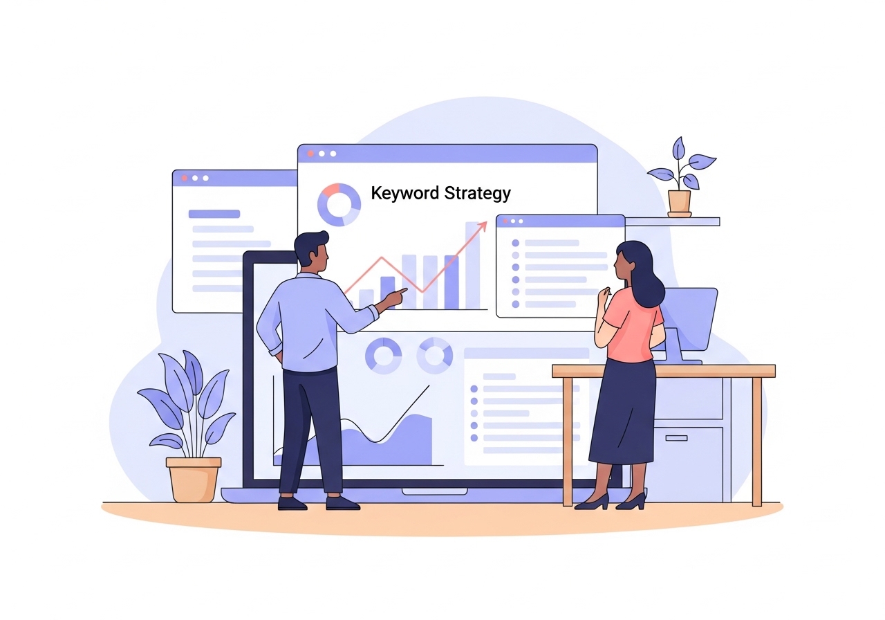 A step-by-step guide explaining how to use keywords for SEO, with an illustration of marketers analyzing data.