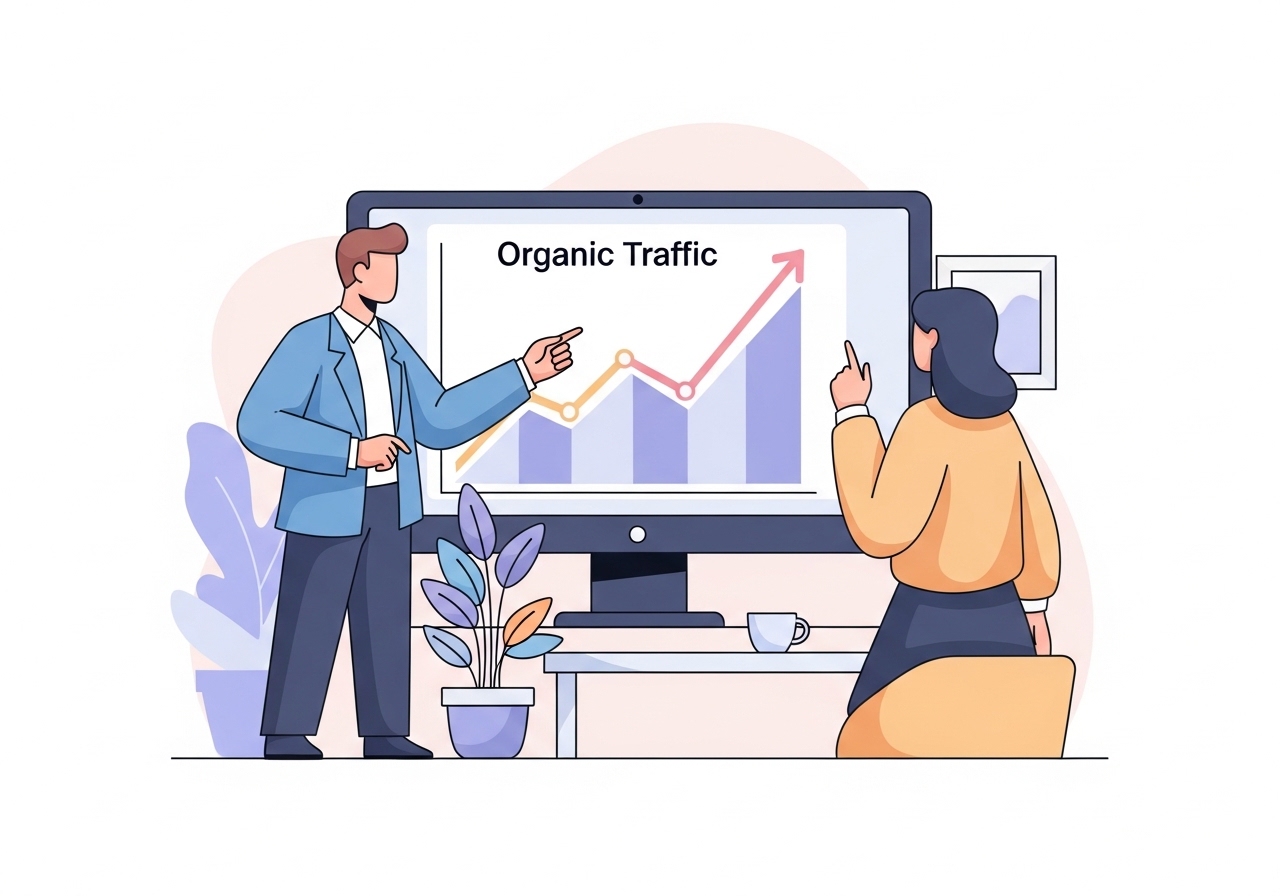 Illustration of a team analyzing a chart showing how to increase organic search traffic.