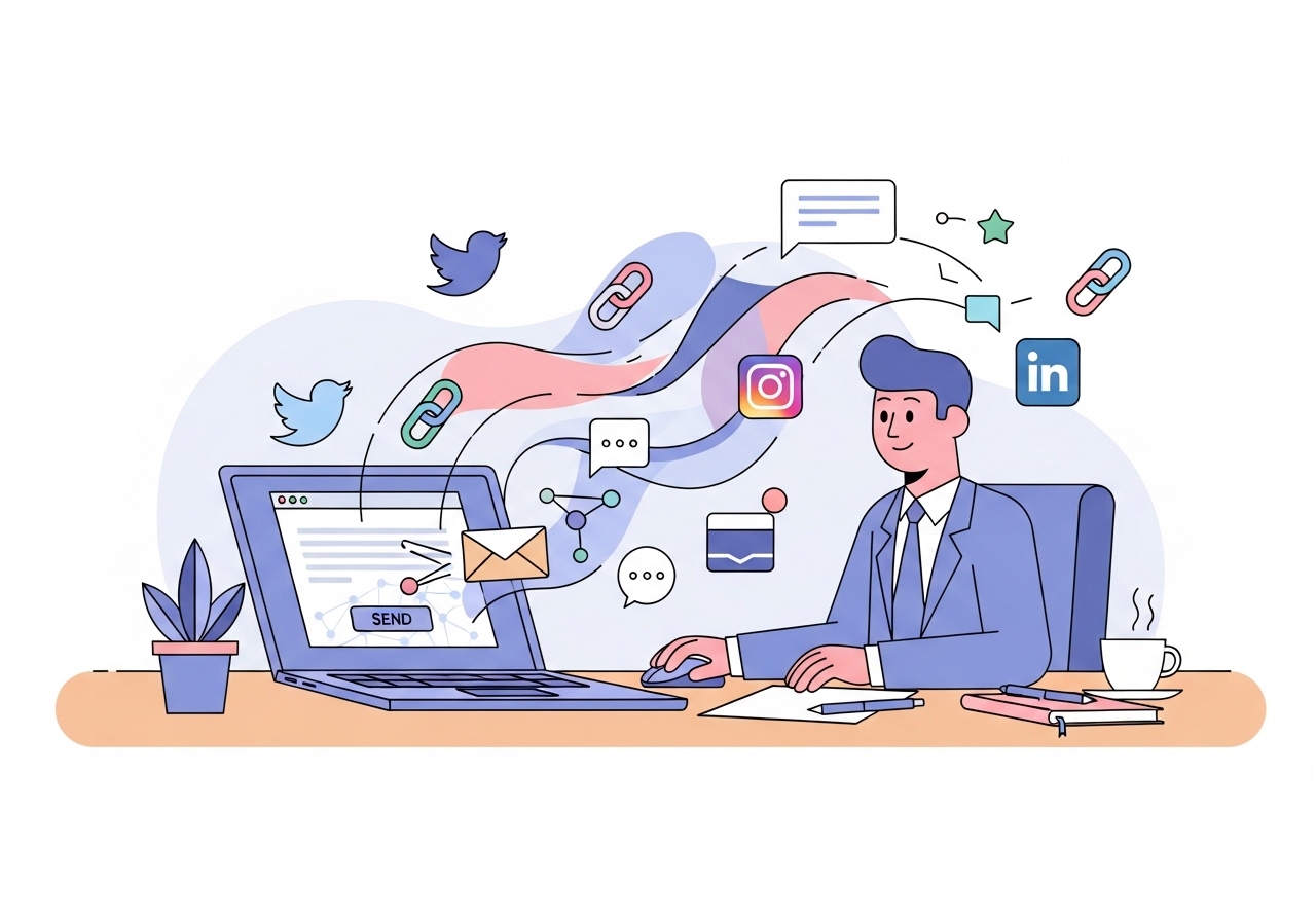 A graphic representing the promotion of an infographic through email outreach and social media to earn backlinks.