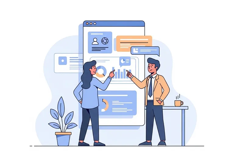 A digital illustration showing a team working on an infographic SEO strategy to improve search rankings.