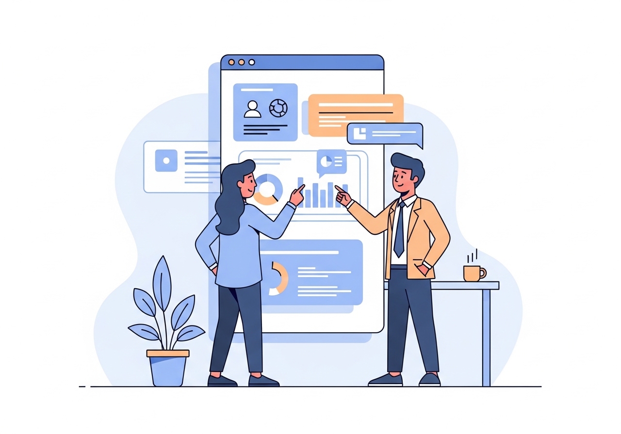A digital illustration showing a team working on an infographic SEO strategy to improve search rankings.