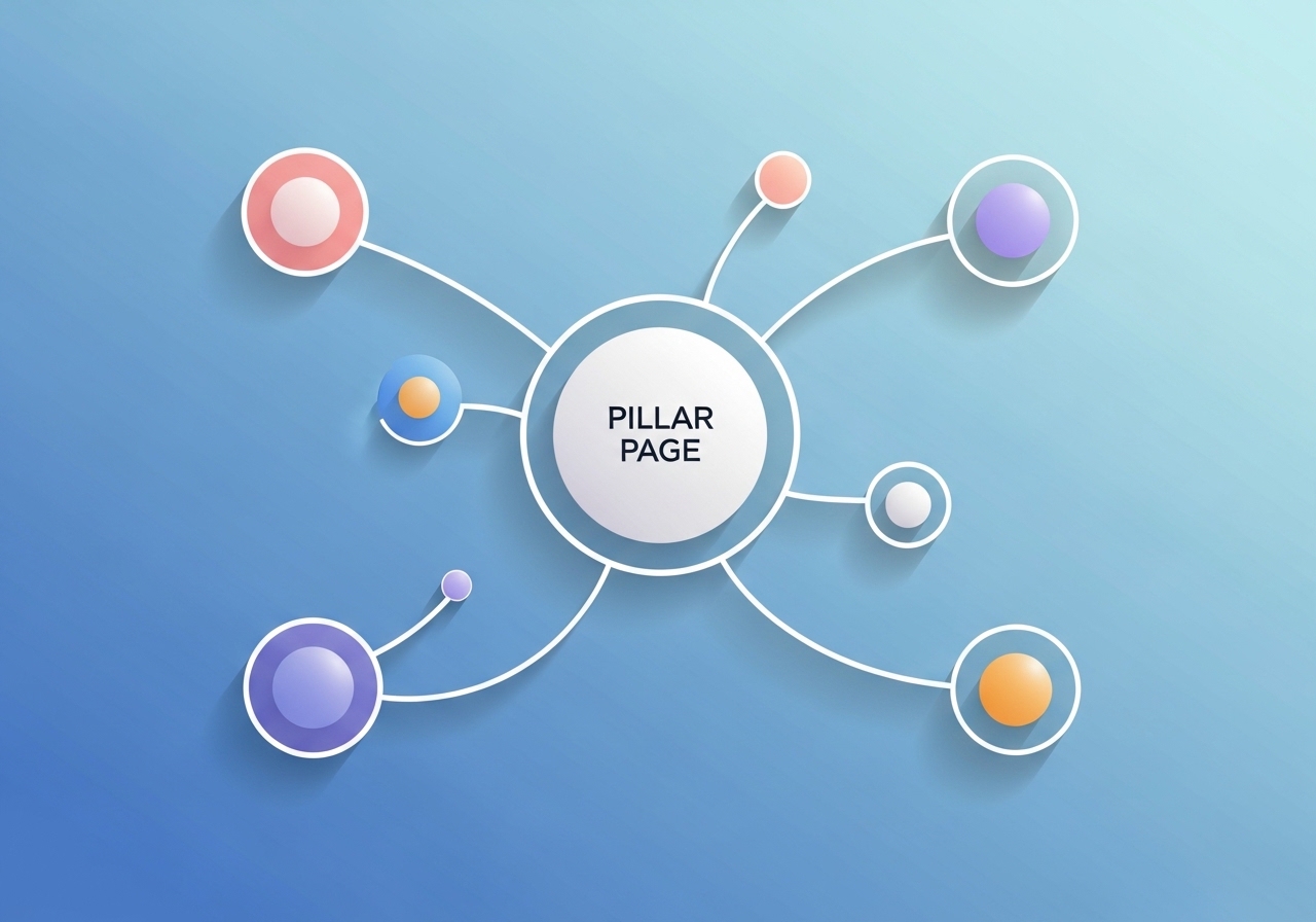 An abstract visualization of an internal linking structure connecting different pages on a website.
