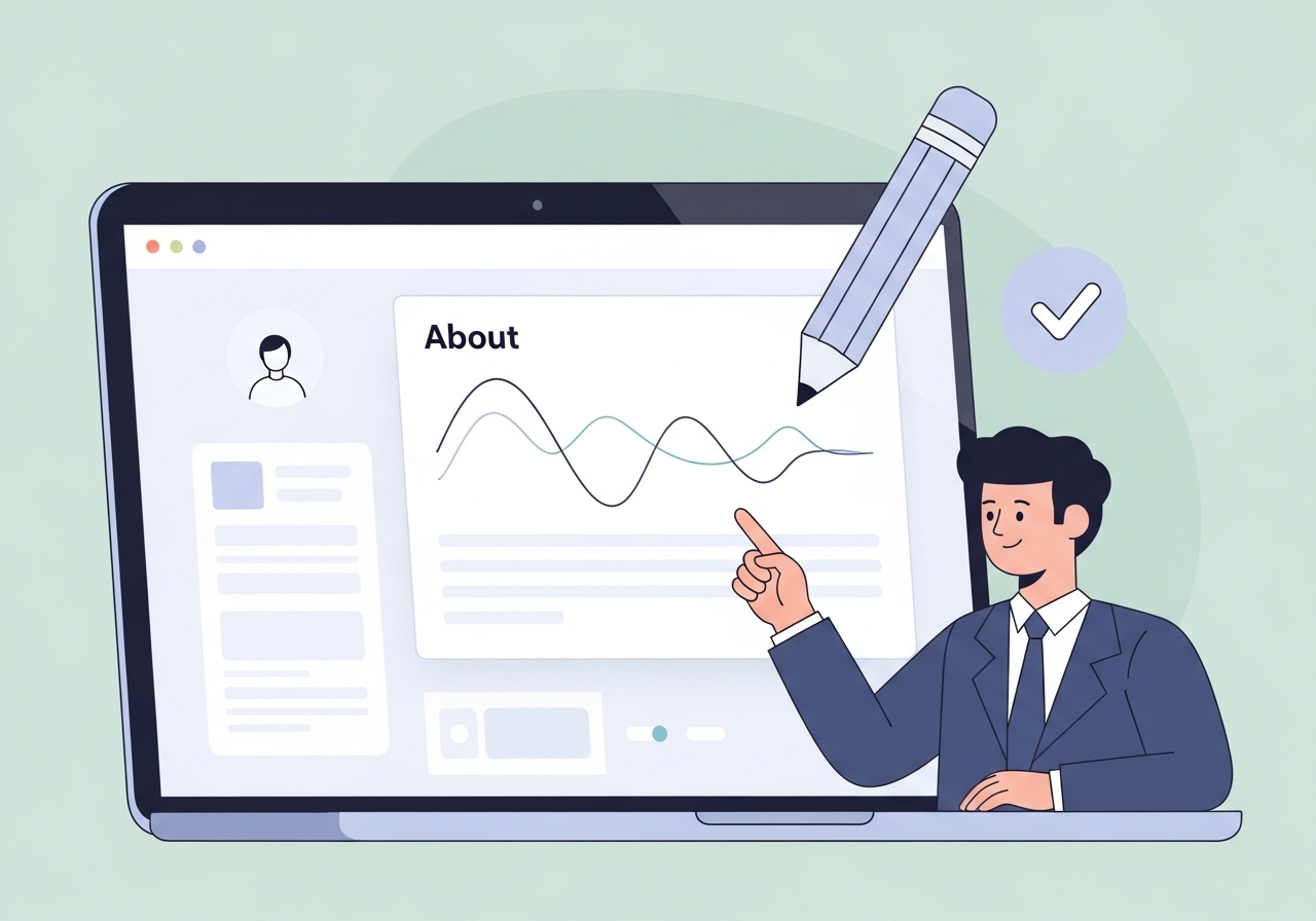 Illustration showing the process of writing a compelling LinkedIn 'About' section for profile optimization.