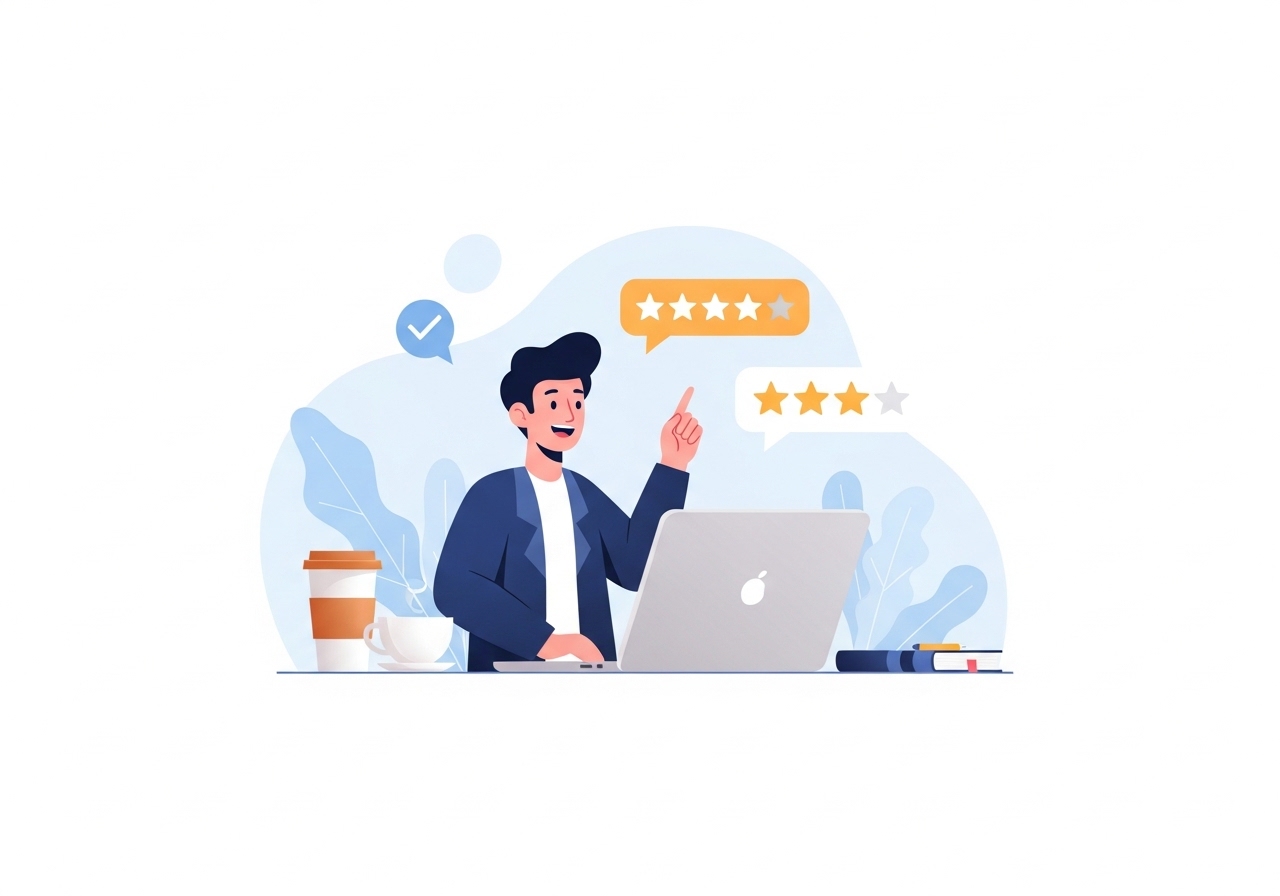 A customer leaving a positive online review, highlighting the importance of reputation management in local SEO.