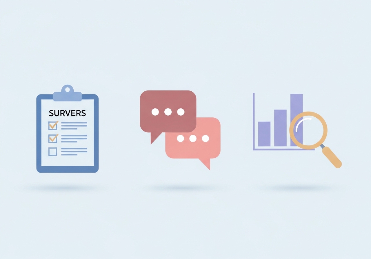 Icons representing different market research methods: surveys, interviews, and competitor analysis.