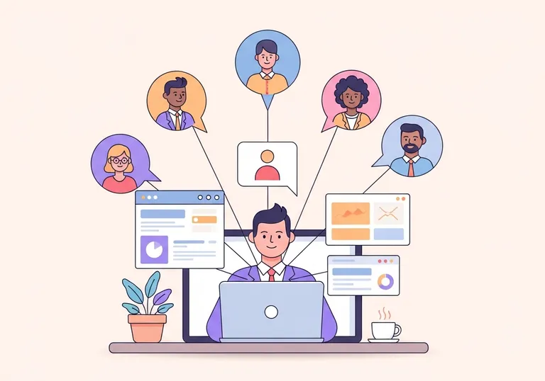 Digital illustration showing how marketing influencers connect with a wide audience through online content.