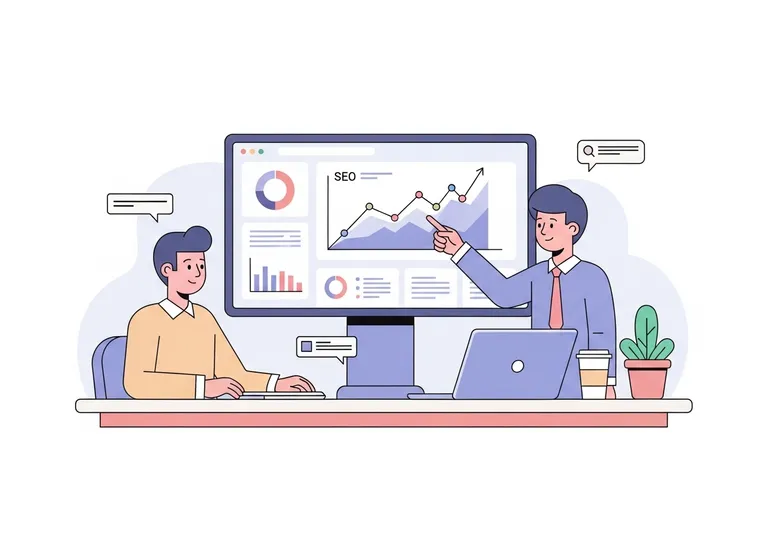 A professional analyzing charts and graphs on a computer for a monthly SEO report.