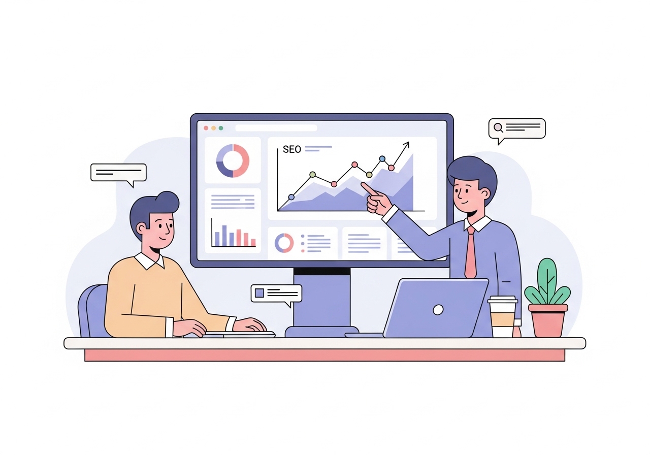 A professional analyzing charts and graphs on a computer for a monthly SEO report.
