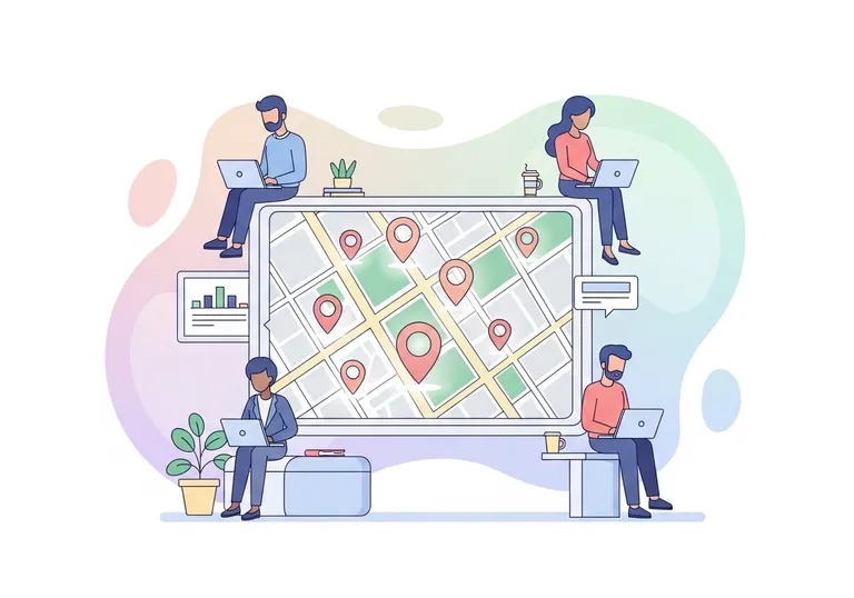 Illustration of a marketing team managing a multi location SEO strategy using a central map and laptops.