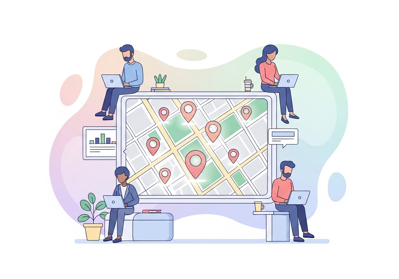 Illustration of a marketing team managing a multi location SEO strategy using a central map and laptops.