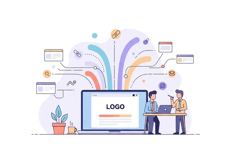 An illustration showing the concept of off page SEO, with links and brand mentions connecting a central website to the wider internet.