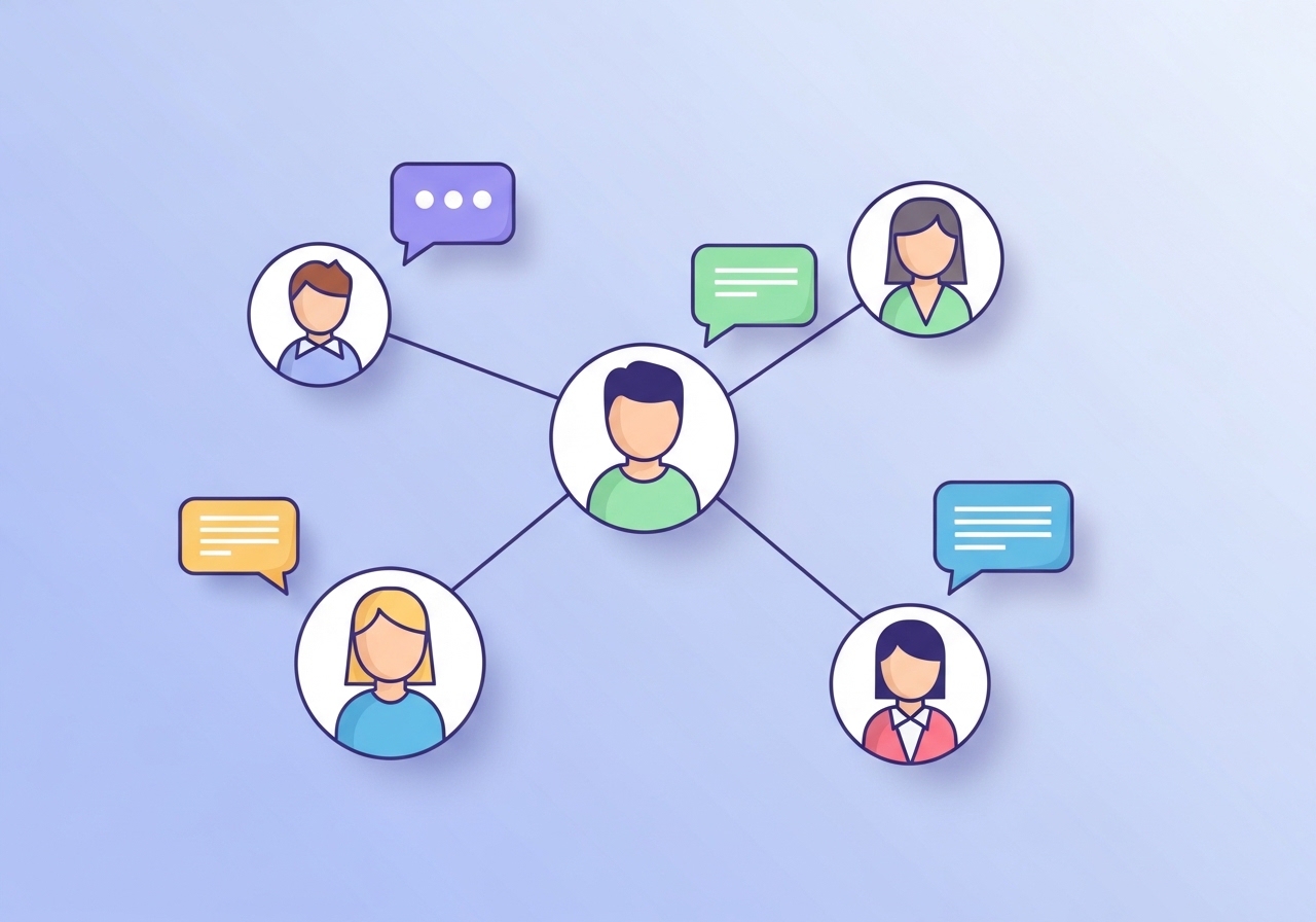 Icons representing people in an online community discussing topics related to blog promotion.