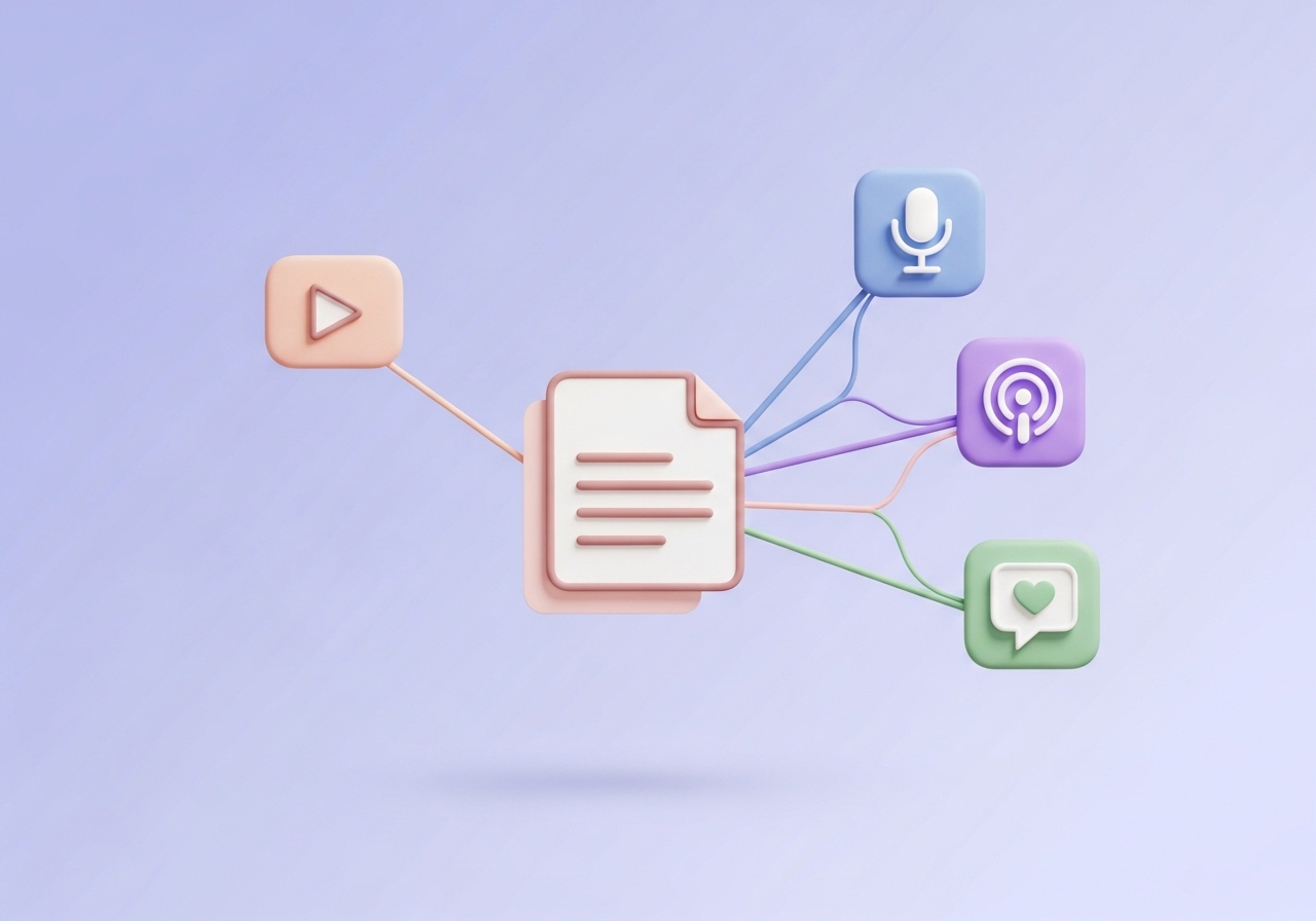 Diagram showing how a blog post can be repurposed into video, podcast, and social media content.