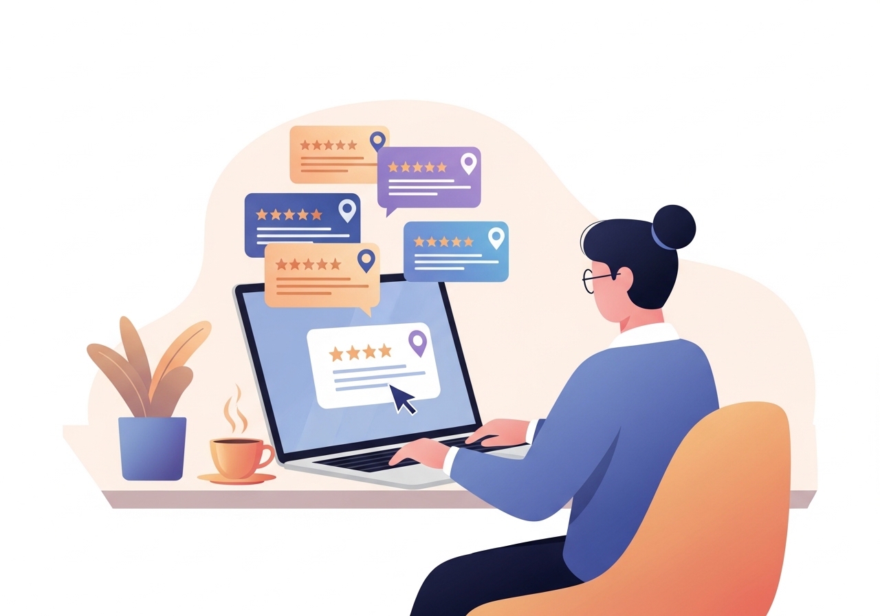 Illustration of an agency professional actively managing online reviews for multiple business locations on a laptop.
