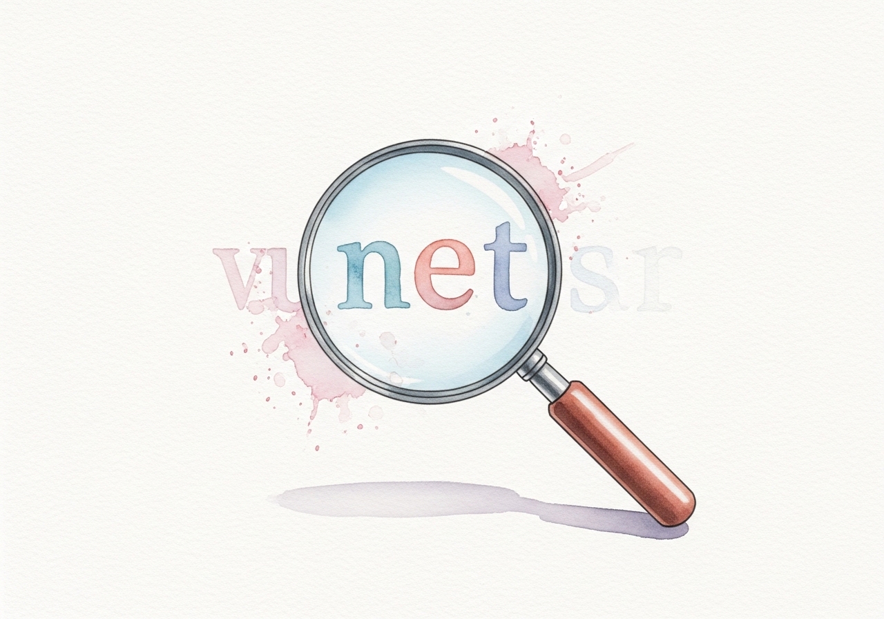 A digital watercolor illustration showing a search synonym being discovered through a magnifying glass, representing SEO strategy.