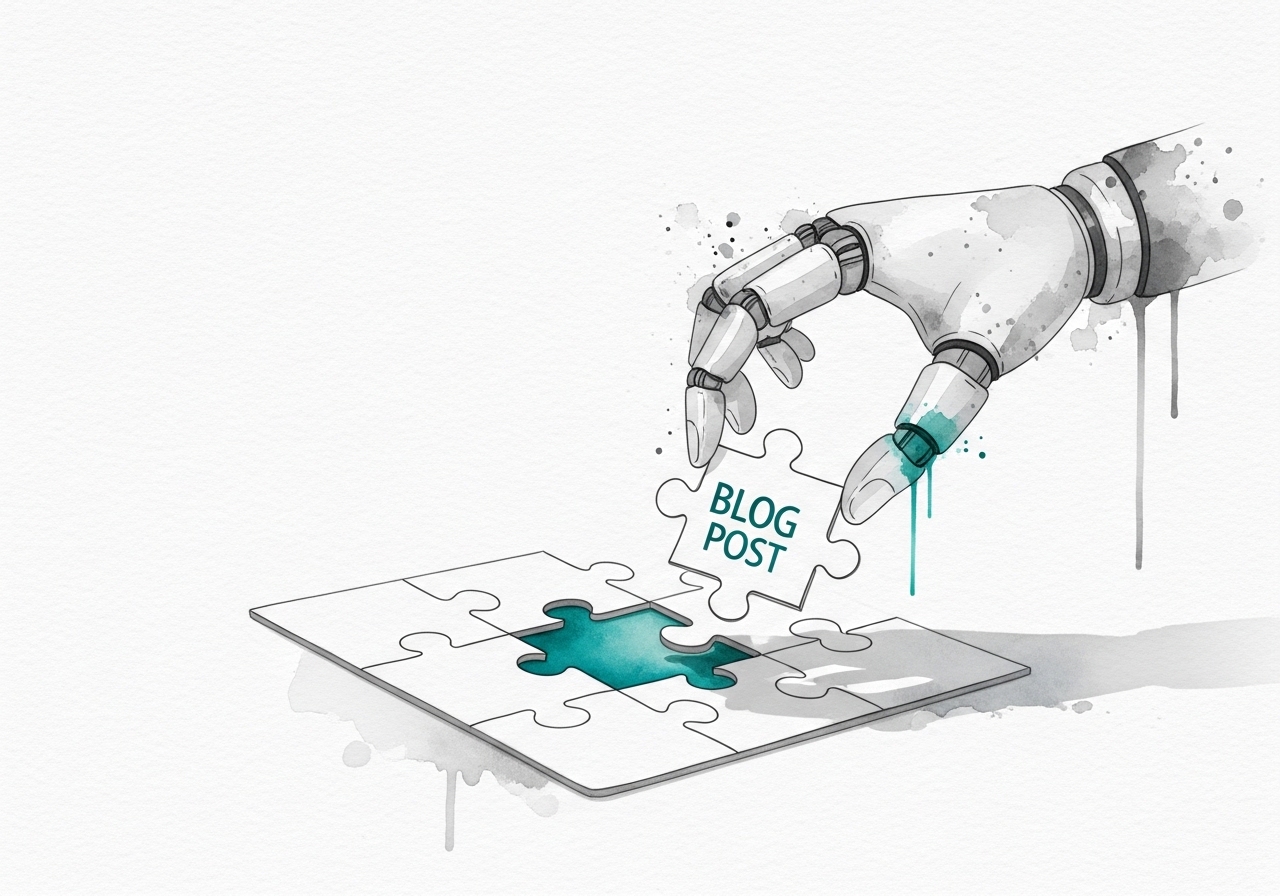 Watercolor of a robot arm completing a puzzle, illustrating the role of automation in a complete SEO strategy.