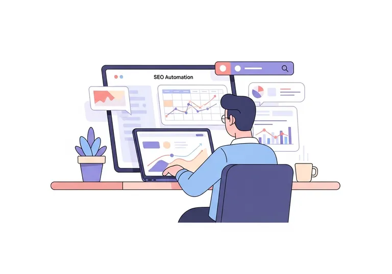 A digital marketing professional using SEO automation tools on a laptop to analyze data and manage content workflows.