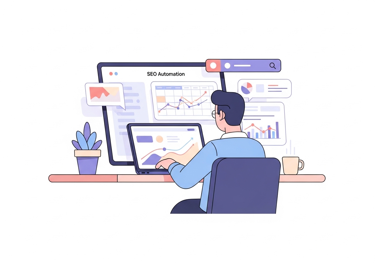 A digital marketing professional using SEO automation tools on a laptop to analyze data and manage content workflows.